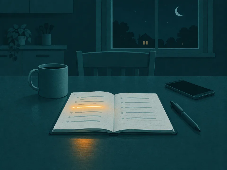 Gece bir mutfak masası: açık defter, kupa ve telefon; defterdeki tek bir satır amber renkte yanıyor.